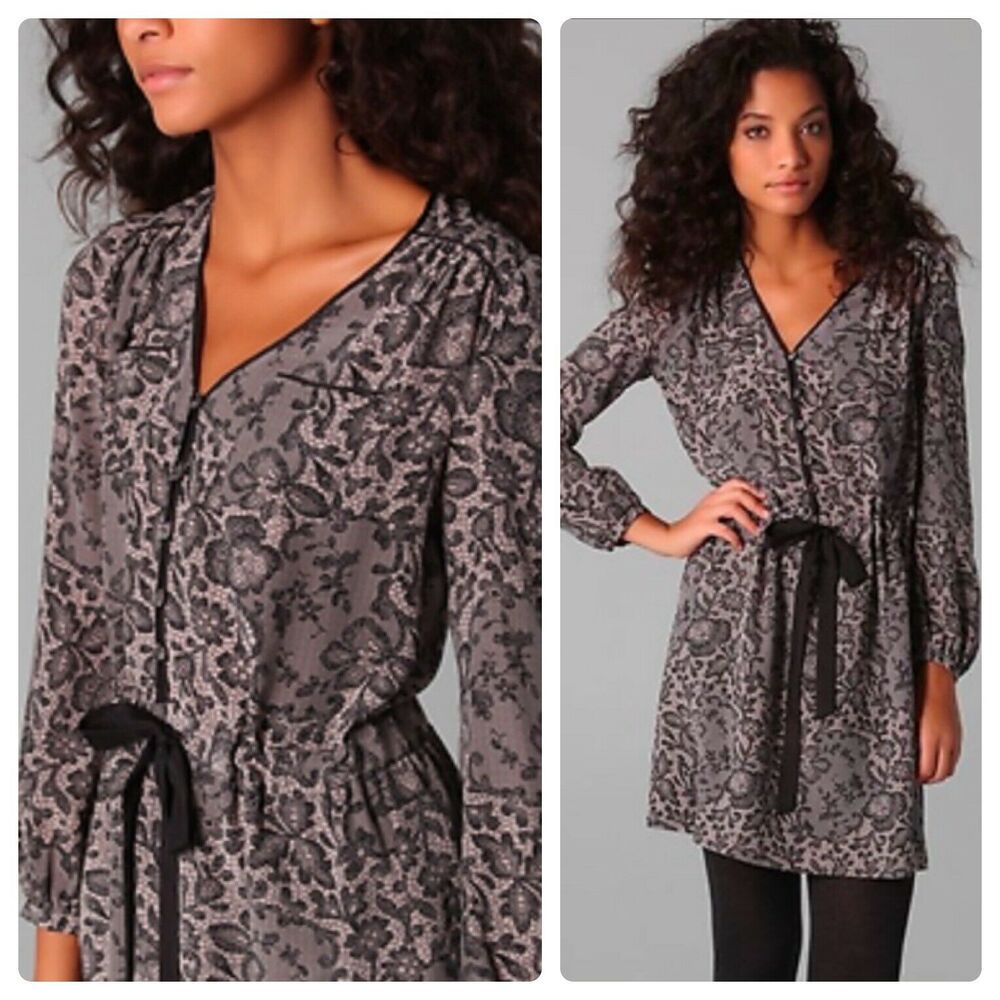 Rebecca Taylor Silk Black Taupe Floral Lace Long Sleeve V Neck Belted‎ Dress 0